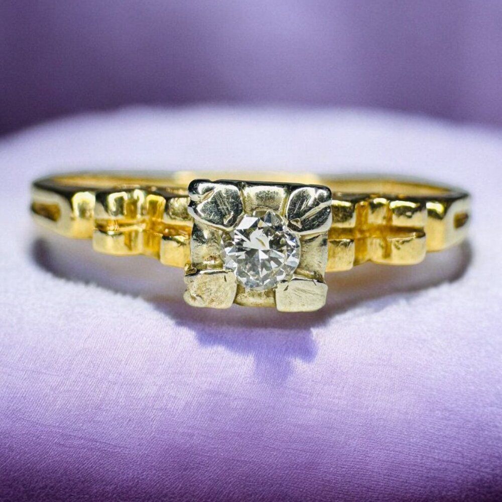 ANTIQUE 14K Gold- Old Mine Cut Diamond Ring - Sz 9.5 -Edwardian Engagement -1.9g